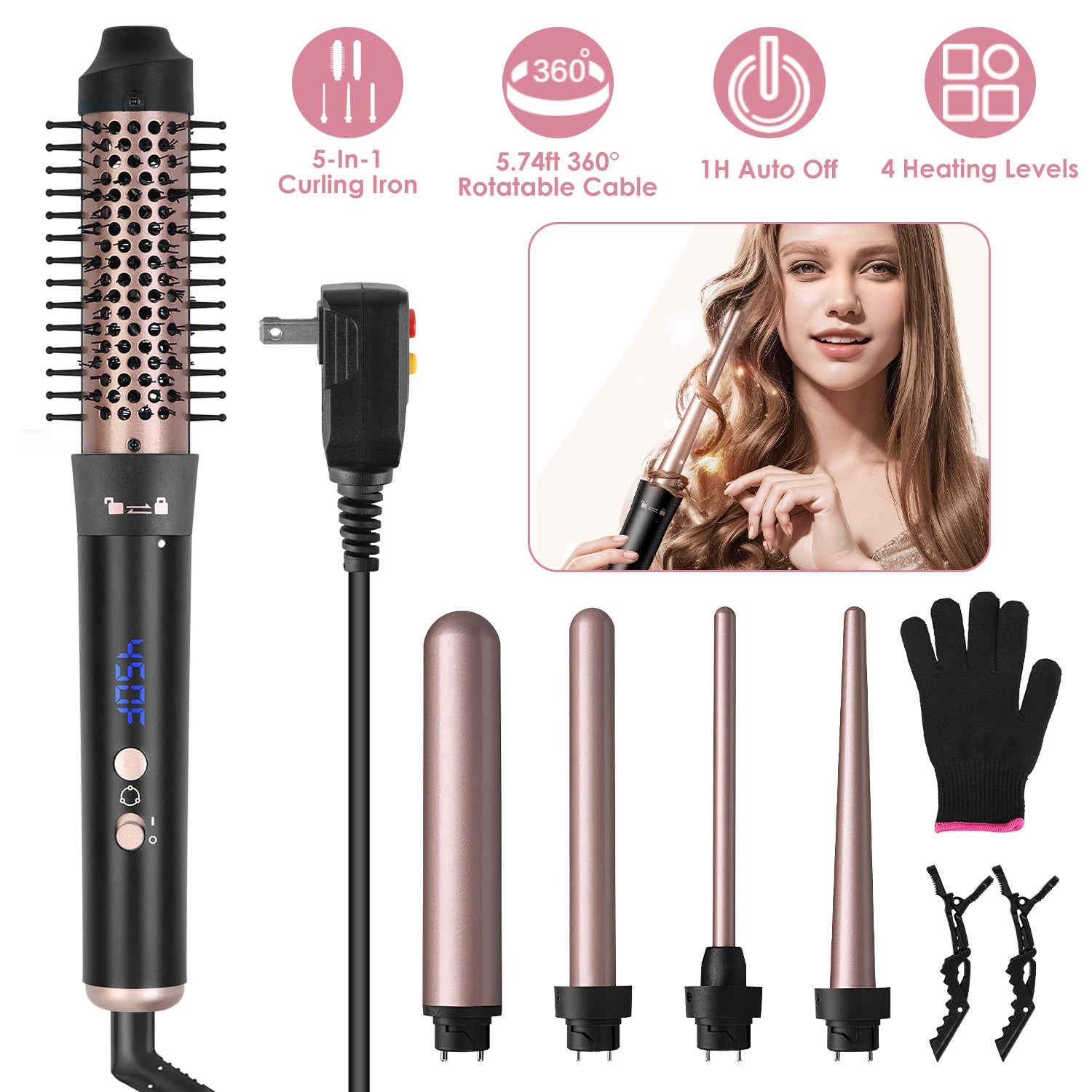 2 Type Options--1Pc 5 In 1 Curling Wand Hair Curling Iron Brush Anti-Tangle Hair Thermal Brush Curler With 4 Heating Levels 360 Degree Rotatable Cable 5 Interchangeable Barrels 2 Clips 1H Auto Off