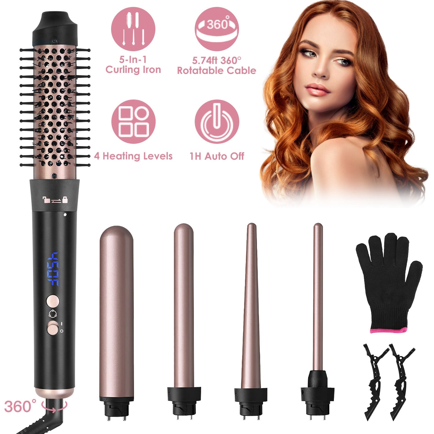 2 Type Options--1Pc 5 In 1 Curling Wand Hair Curling Iron Brush Anti-Tangle Hair Thermal Brush Curler With 4 Heating Levels 360 Degree Rotatable Cable 5 Interchangeable Barrels 2 Clips 1H Auto Off