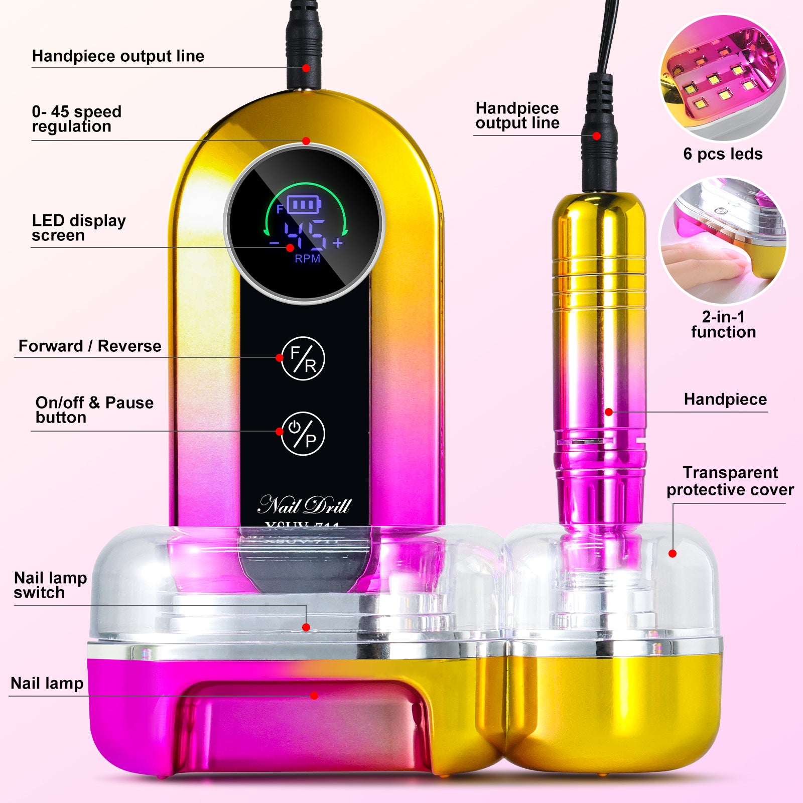 45000RPM Professional Nail Drill Kit, Nail Polishing Machine Includes Polishing Head And Drill Head, Basic Nail Tool Kit. Nail File Machine Kit Used For Removing Acrylic Gel Nails During Polishing, Be