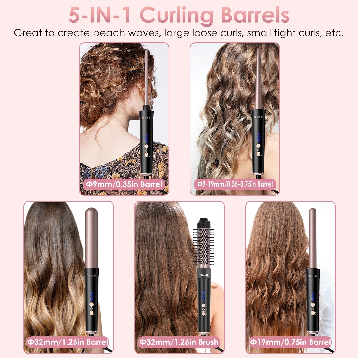 2 Type Options--1Pc 5 In 1 Curling Wand Hair Curling Iron Brush Anti-Tangle Hair Thermal Brush Curler With 4 Heating Levels 360 Degree Rotatable Cable 5 Interchangeable Barrels 2 Clips 1H Auto Off